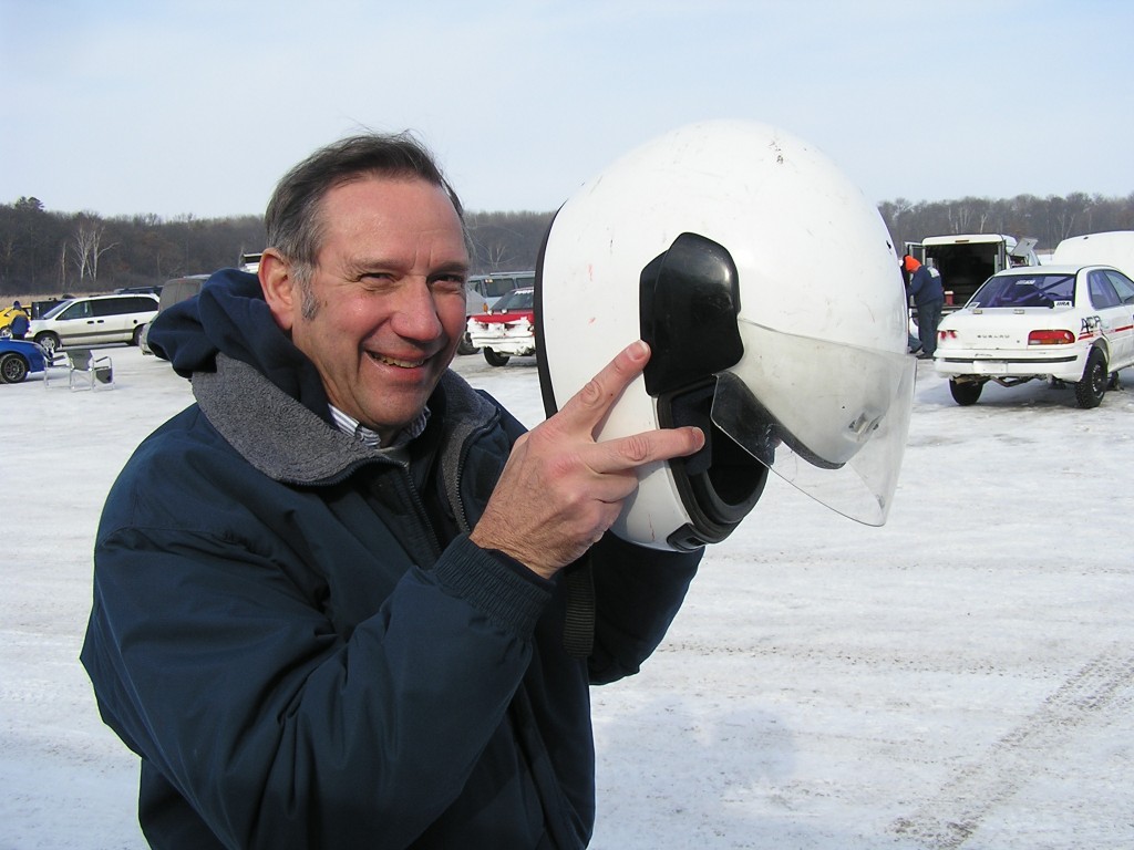 Ed prepares for his ice racing ride along in Brainerd, Minnesota.