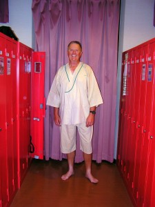 In Tokyo, Japan at the Green Plaza Capsule hotel I was provided sleeping gear. Pretty stylish huh. I don't think I'll ever be able to get rid of my golf tan!