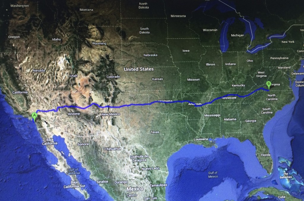 San Clemente to Martinsville - 2,475 miles 