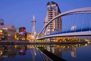 The Millennium Bridge & Lowery Centre at Salford Quays in Manchester in England