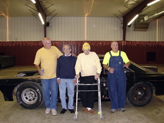 In 2007, a "Legends" night was held at the Farley Speedway to honor Darrell Dake. Pictured are members of Darrell's pit crew - left to right Marv, Hubbard, Darrell and Page Lemon. (Kenny Walton photo collection) 